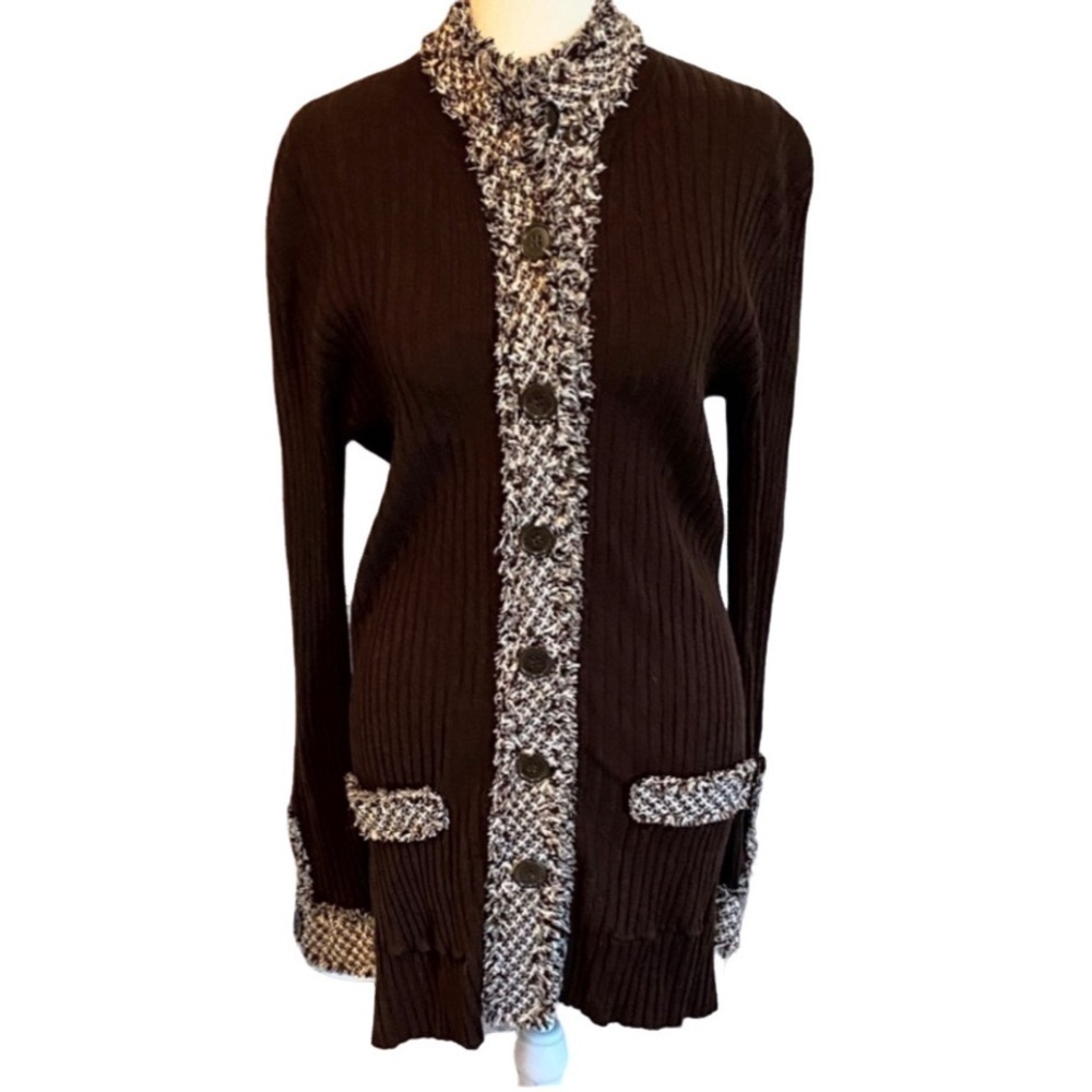 Belldini Ribbed Brown Women's Cardigan Sweater with Textured Accents. Size L.